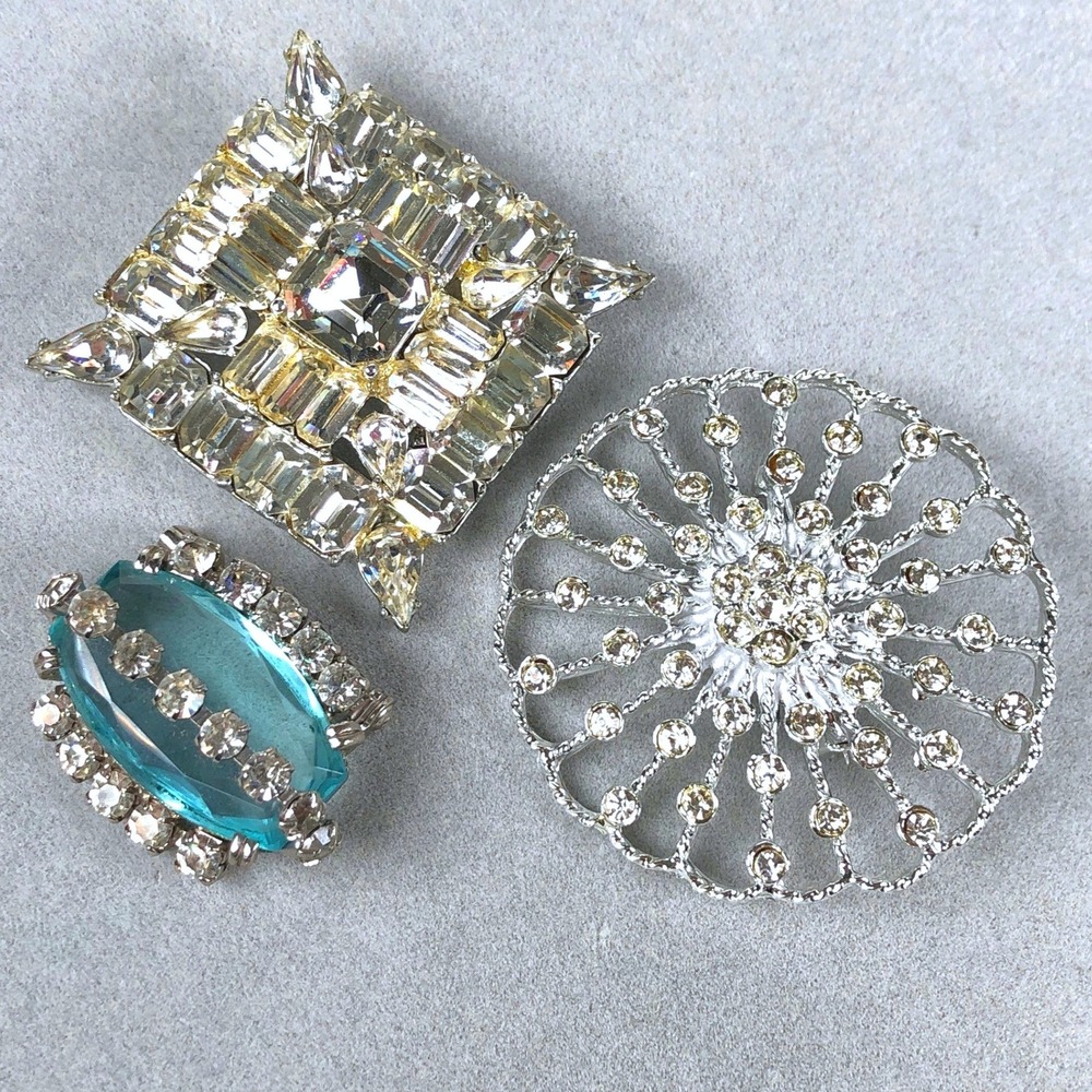 Vintage Brooch Pin 3pc Lot Blue Clear Rhinestone Crystals Silver Tone MCM